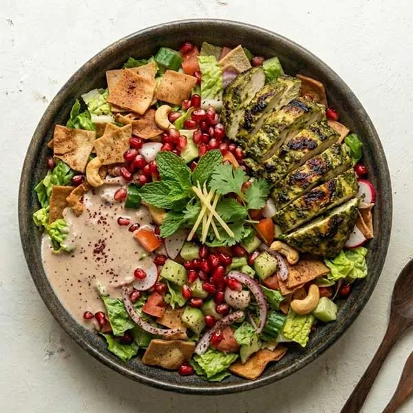 Hariyali chicken fattoush fusion salad with pomegranate pearls